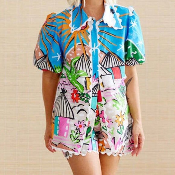 Multicolor Casual Women's Versatile Ruffle Collar Shirt & Shorts coord Set
